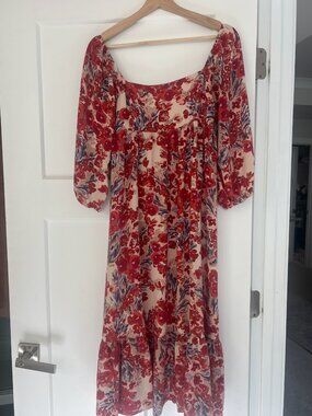 Empire Midi Berry Floral Dress (Size S)